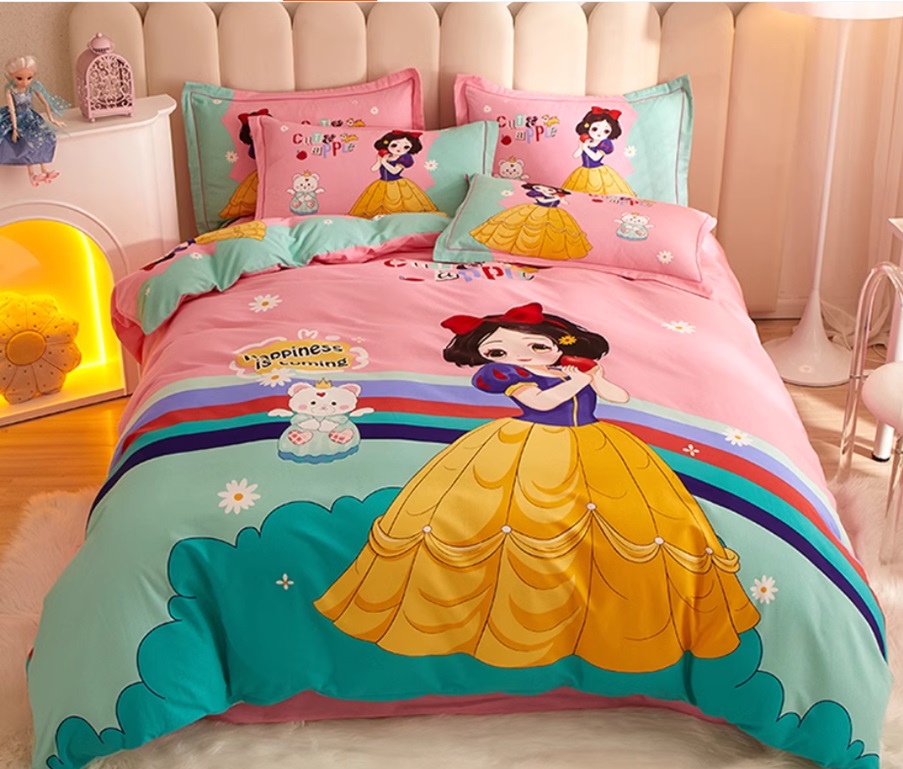 3 Pieces Cartoon Snow white Pattern Bedding Set: 1 Duvet Cover, 1 Flat Sheet, and1 Pillowcase
