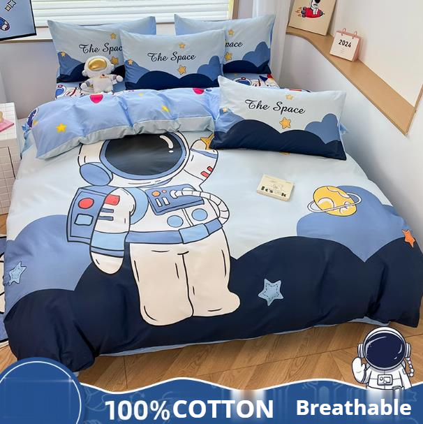 3 Pieces Cartoon spaceman Pattern Bedding Set: 1 Duvet Cover, 1 Flat Sheet, and1 Pillowcase